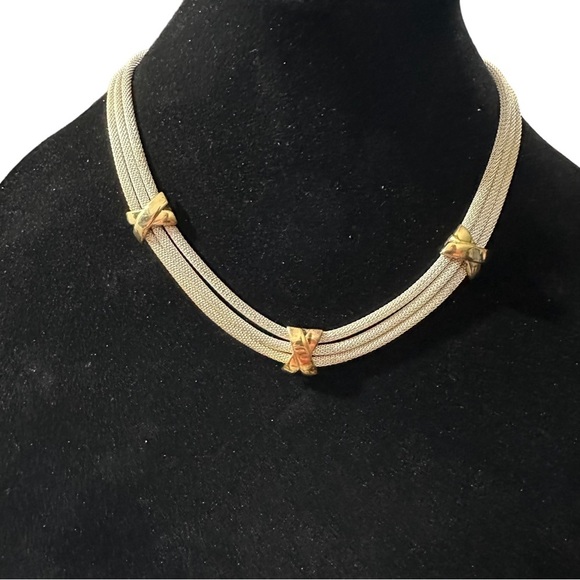 Vtg Unsigned Alice Caviness Gold Tone 3 Strand Mesh Rope Necklace X Bars 15-18” - Picture 2 of 10